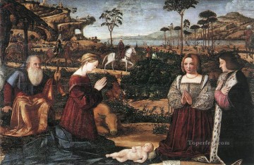 two boys singing Painting - Holy Family with Two Donors Vittore Carpaccio